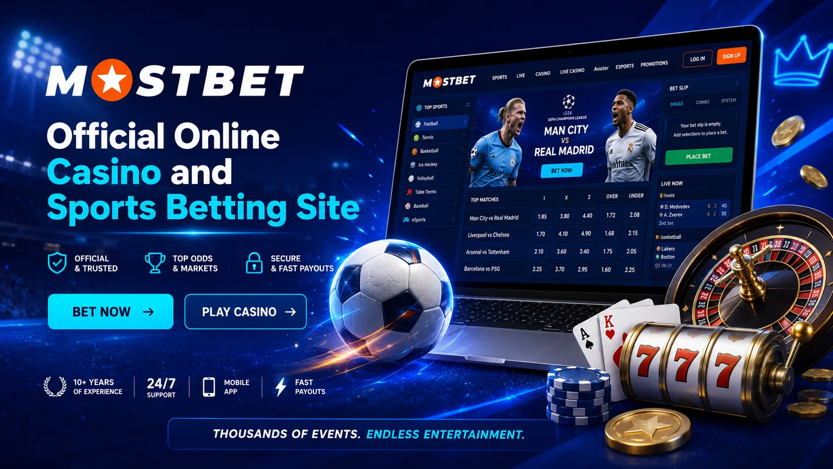 Mostbet — sports betting and casino, welcome bonus up to 400 EUR