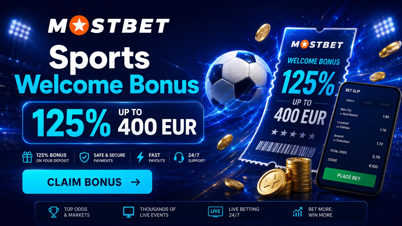 Mostbet Sports Welcome Bonus: 125% up to 400 EUR — Mostbet