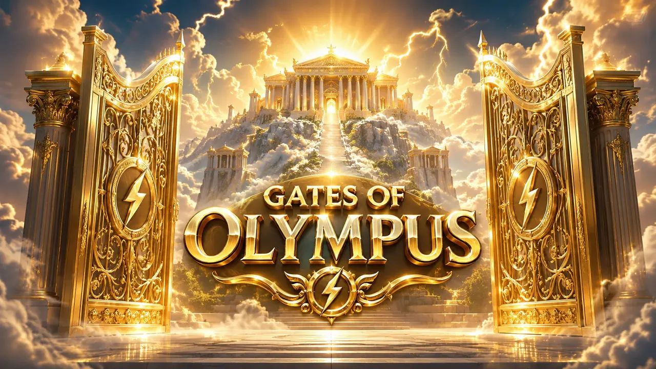 Gates of Olympus at Mostbet — Zeus above a 6×5 grid of gem symbols with multiplier orbs