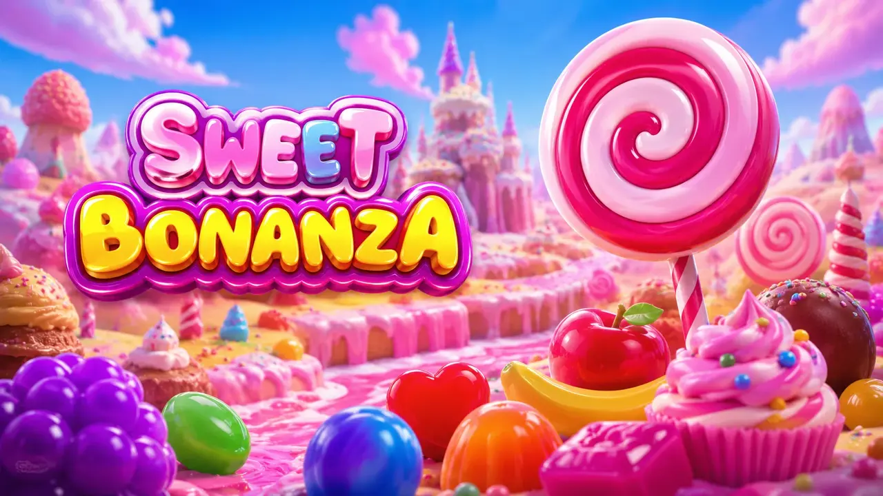 Sweet Bonanza at Mostbet — a 6×5 grid of candy and fruit symbols with a rainbow multiplier bomb